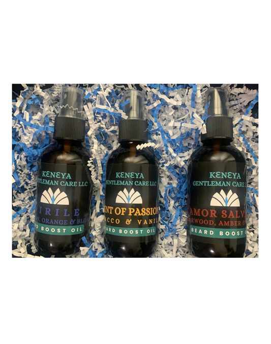 4OZ VIRILE BEARD BOOST OIL+ 4OZ HINT OF PASSION BEARD BOOST OIL+ 4OZ AMOR SALVAJE BEARD BOOST OIL. SCENT FOR MEN